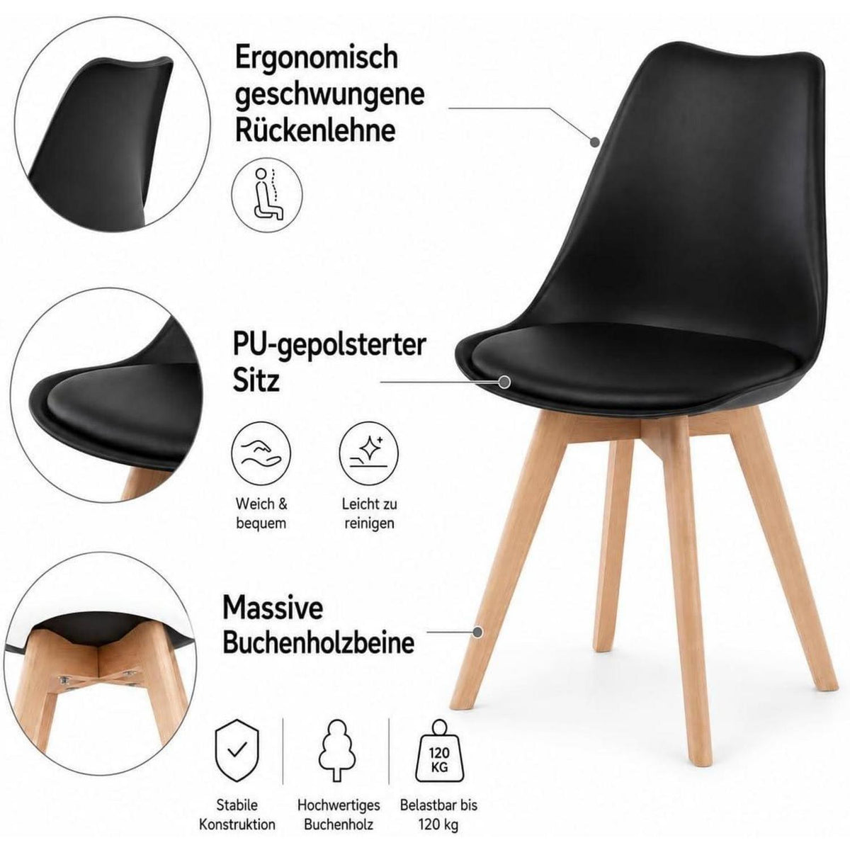 Esszimmerstühle Set 4er Schwarz | PU Sitz, Buchenholzbeine