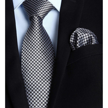 Extra lange Hahnentritt-Krawatte & Taschentuch Set Silber