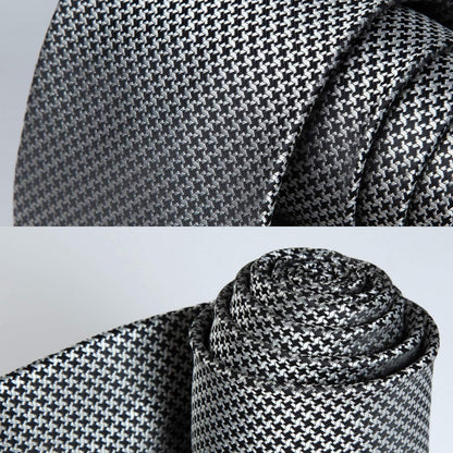 Extra lange Hahnentritt-Krawatte & Taschentuch Set Silber
