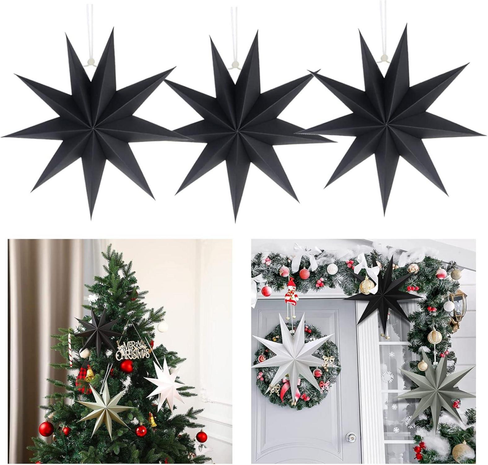 30cm Papier Sterne Deko Set Schwarz 3er Weihnachtsstern Neuneck