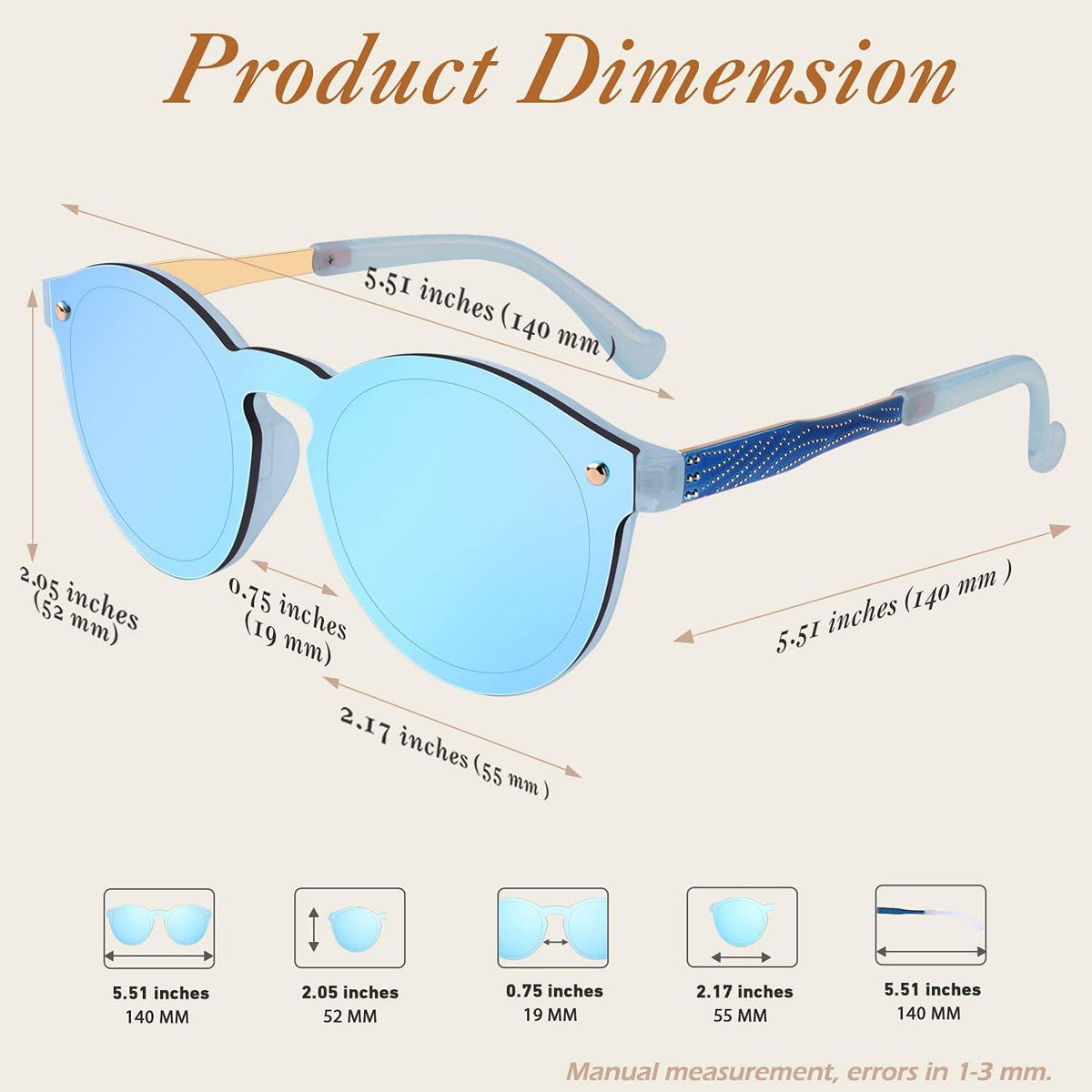 Sonnenbrille Damen Herren Groß Rund Verspiegelt UV400 Blau