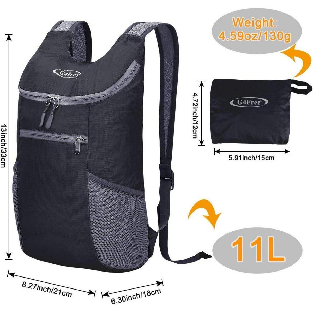 Faltbarer Wanderrucksack 11L ultraleicht für Damen und Herren Schwarz