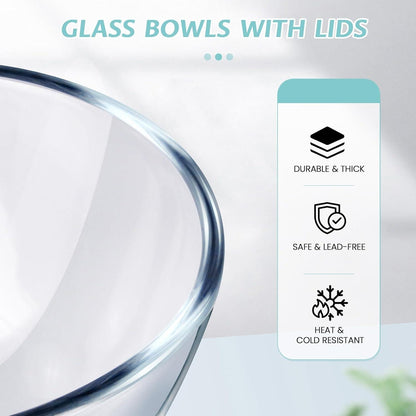 Luvan Glas Rührschüssel-Set 3-teilig mit Deckel, hitzebeständig, stapelbar, 4.2 L, 2.5 L, 1 L