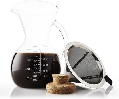 Pour Over Kaffeebereiter Glas Edelstahlfilter Korkdeckel