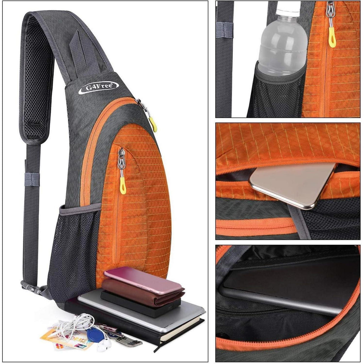 Leichte Brusttasche Grau/Orange | Sling Rucksack für Wandern & Radfahren