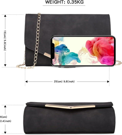 Elegante Damen Clutch Abendtasche Kettentasche Schwarz PU Leder Magnetverschluss