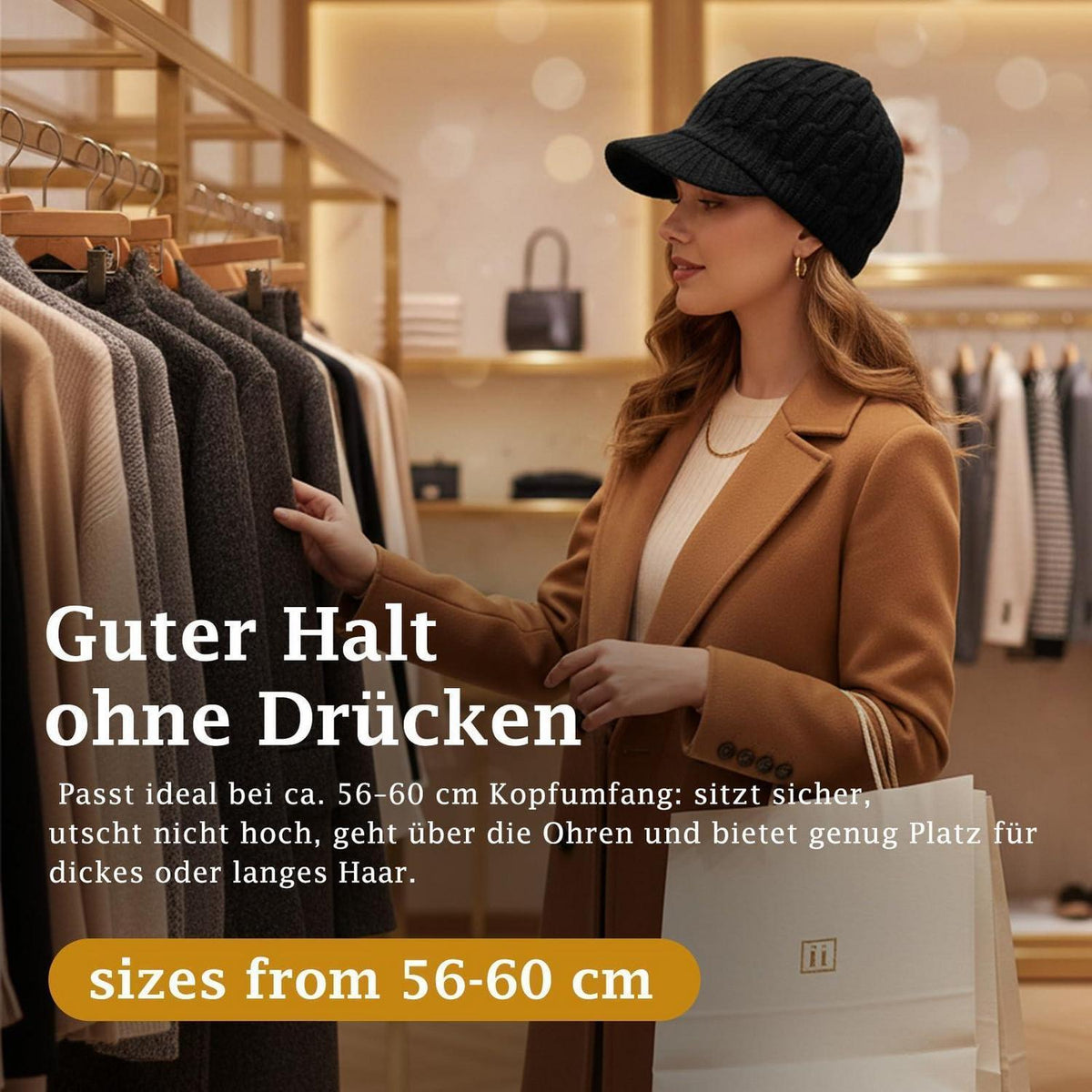 Strickmütze Damen mit Schirm aus Merinowolle, warm & bequem
