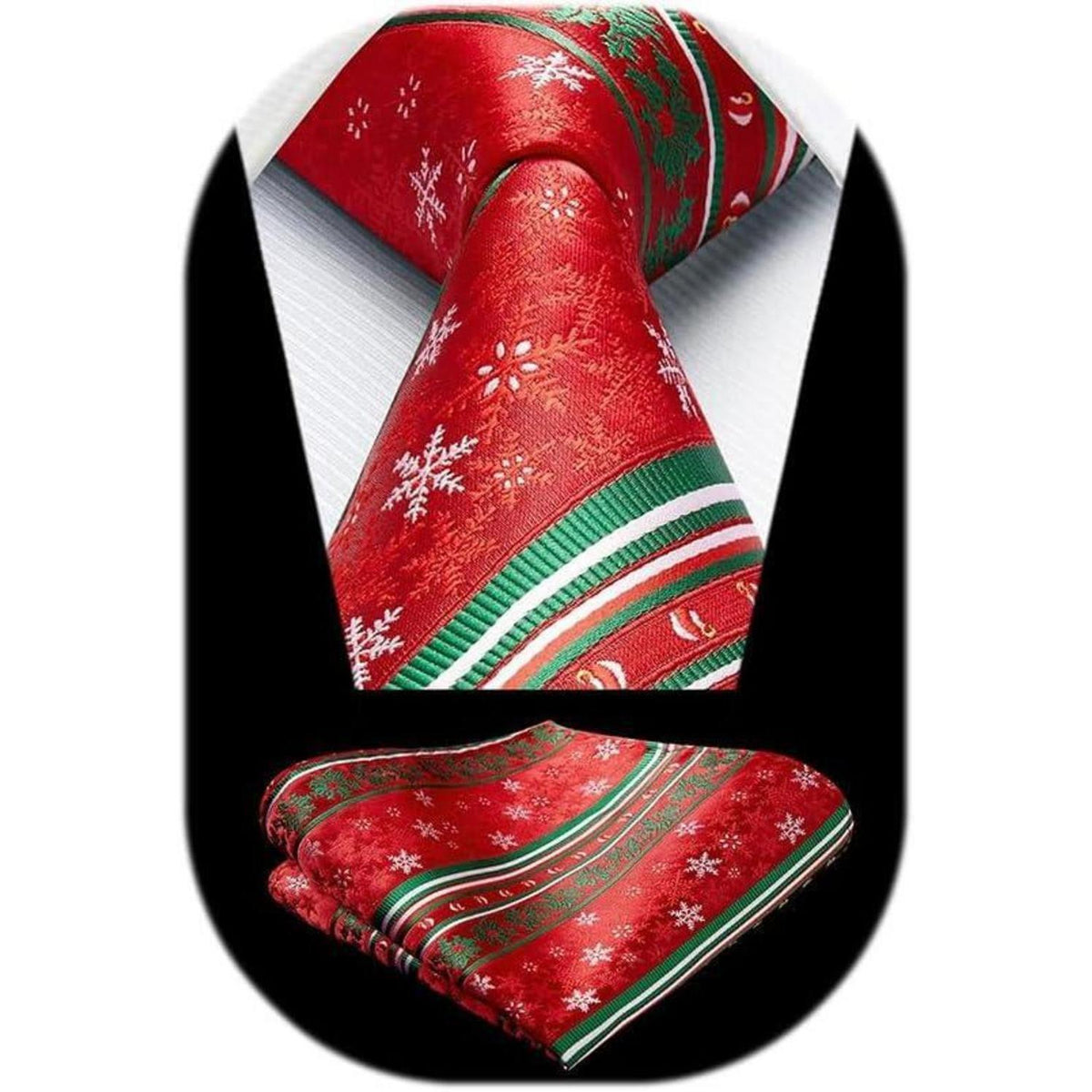 Herren Weihnachts Krawatte & Einstecktuch Set Schneeflocke Rot/Grün