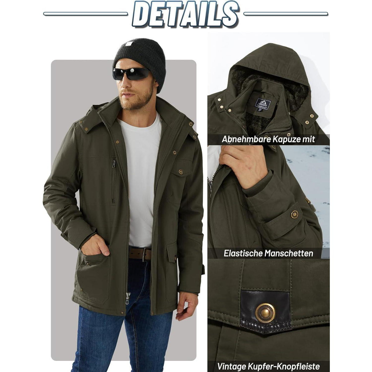 Herren Winterparka mit Kapuze & Cargo Taschen – Dunkeloliv