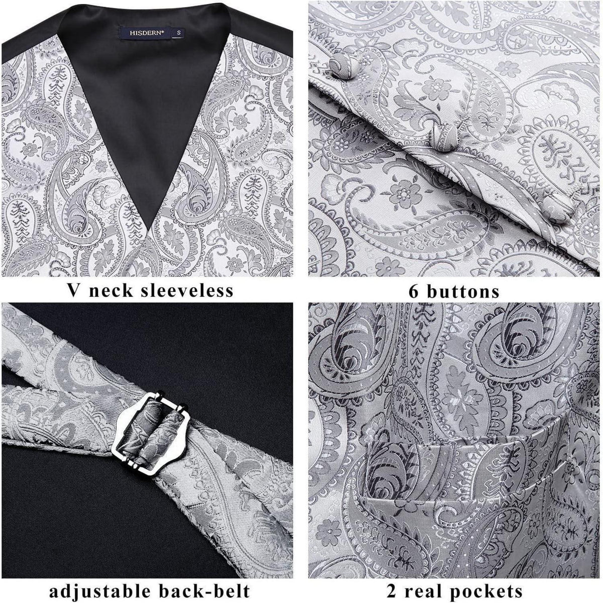 Herren Jacquard Weste Krawatte Einstecktuch Set Grau 5XL