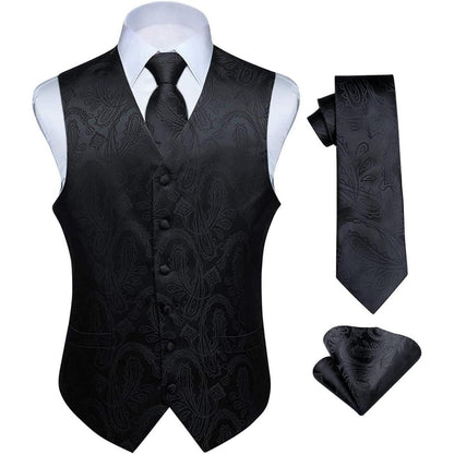 Herren Weste Krawatte Einstecktuch Set Jacquard 5XL Schwarz