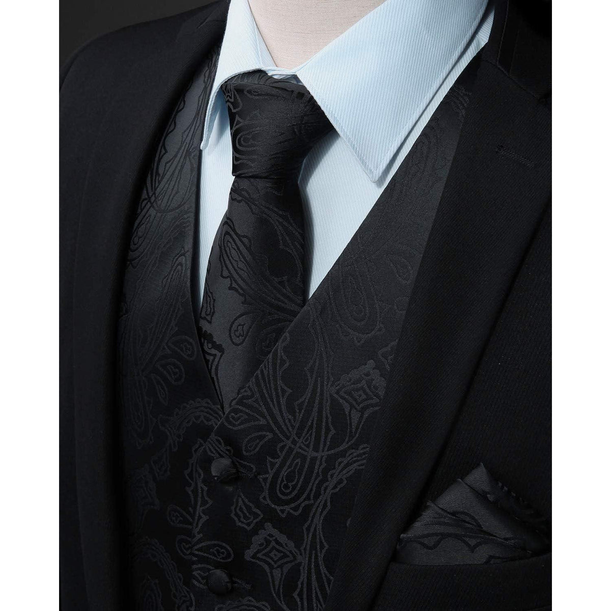 Herren Weste Krawatte Einstecktuch Set Jacquard 5XL Schwarz