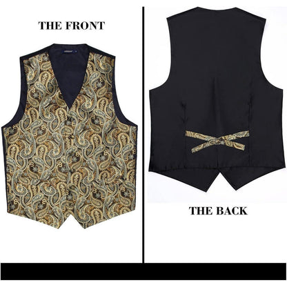 Herren Weste Krawatte Einstecktuch Set Gold Jacquard Seide