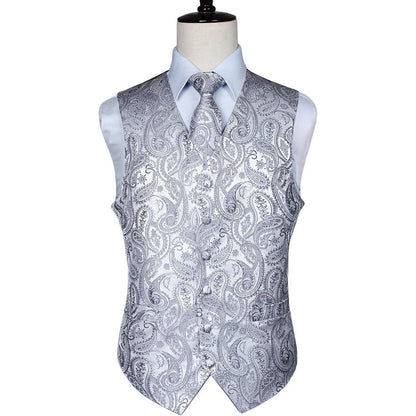 Herren Jacquard Weste Krawatte Einstecktuch Set Grau