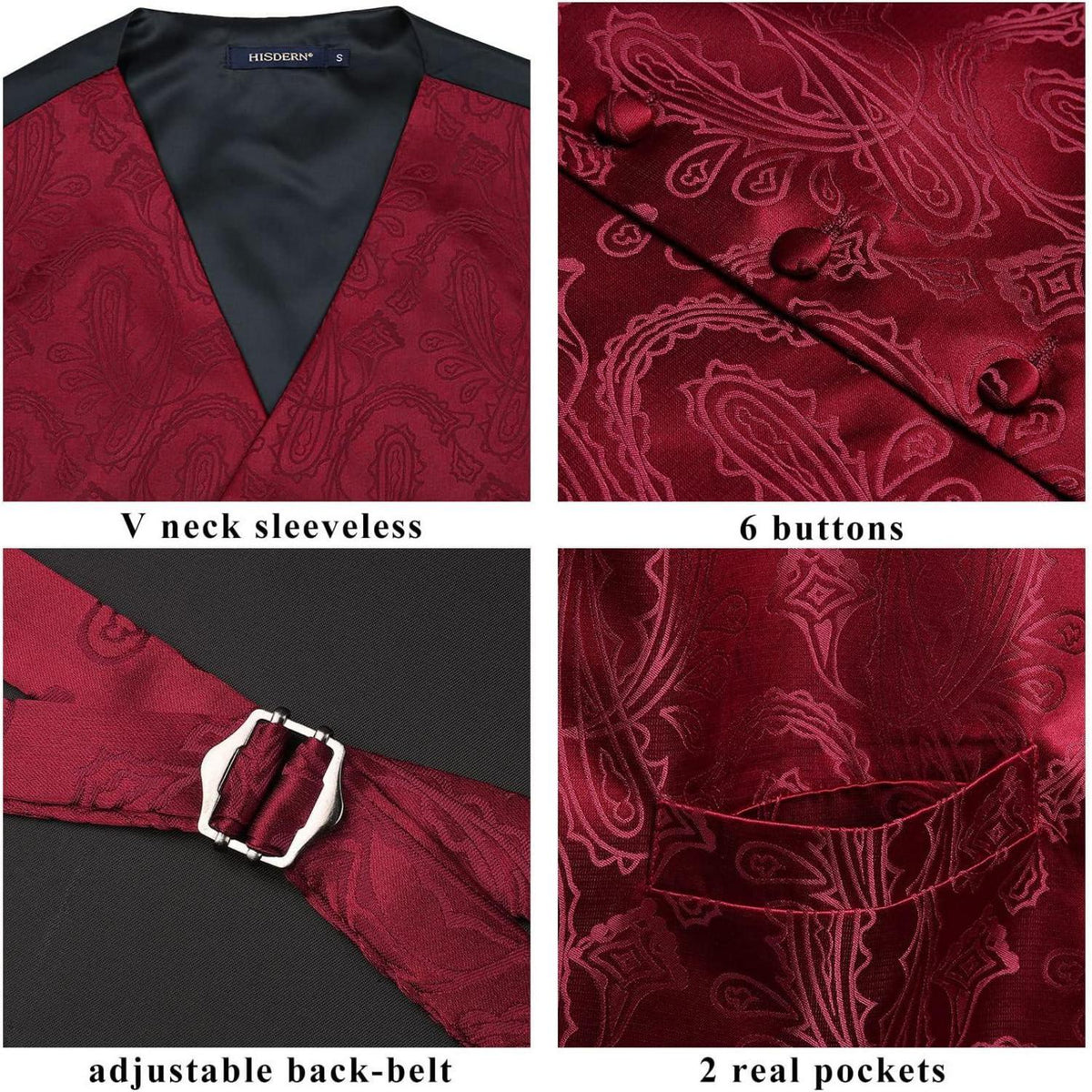 HISDERN Herren FLoral Hochzeit Weste Krawatte Set Burgund XS