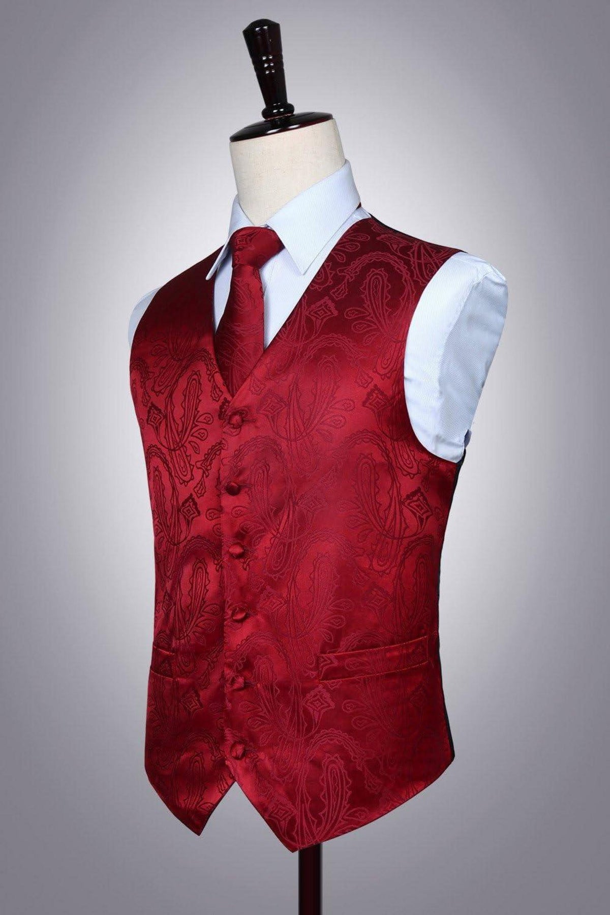 Herren Floral Hochzeit Weste Krawatte Set Jacquard Burgund XS