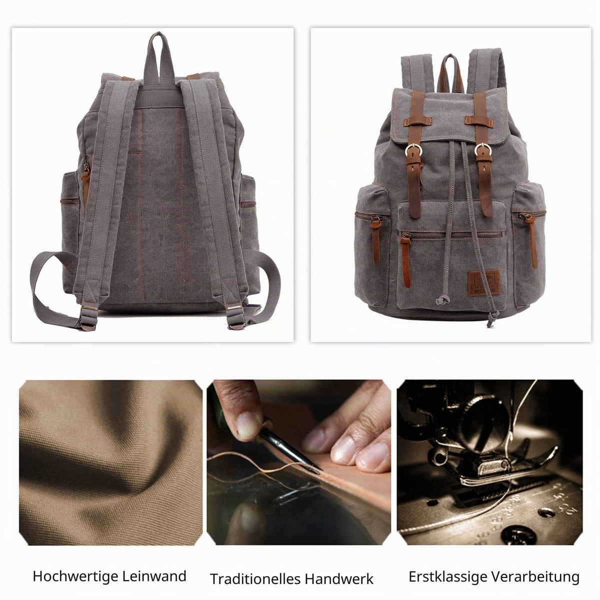 Leinwand Rucksack 15.6 Zoll Laptop Daypack Grau
