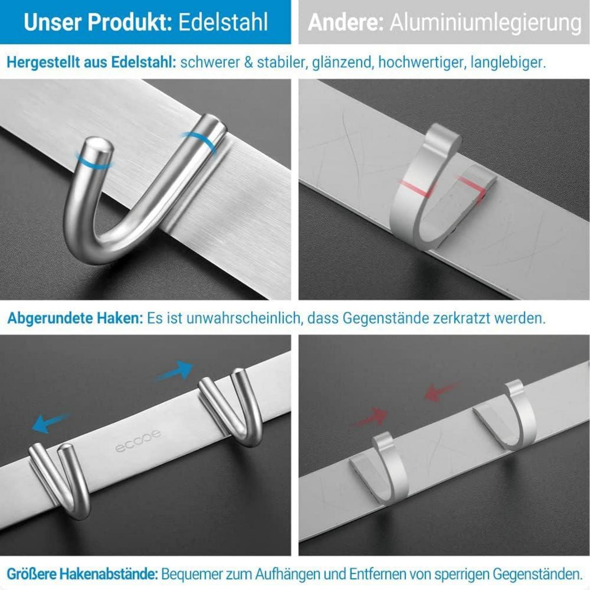 Türgarderobe Edelstahl 304 Abnehmbar Türhaken 8 Haken Silber