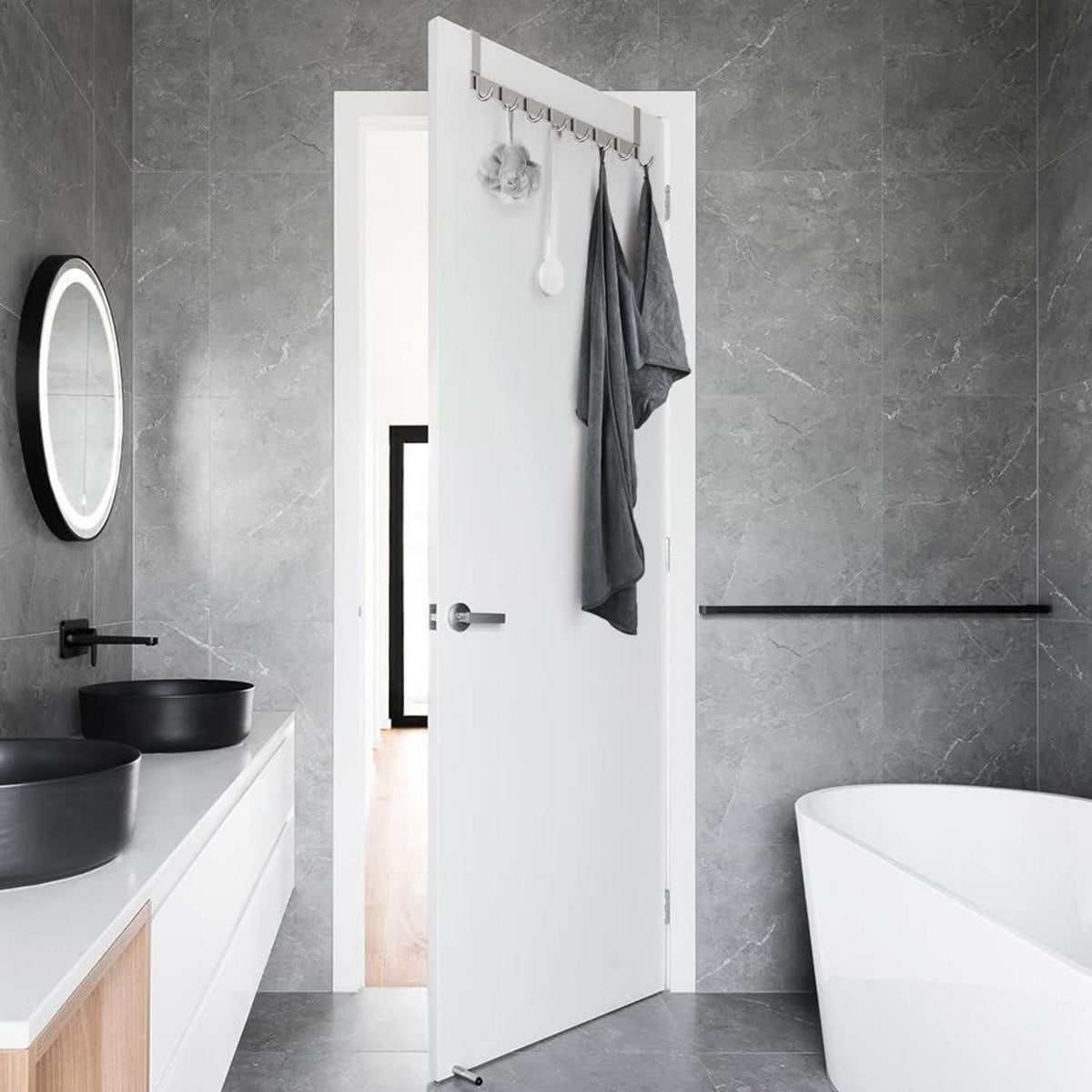 Edelstahl Türgarderobe mit 8 Haken, Türhänger ohne Bohren 2cm - Silber