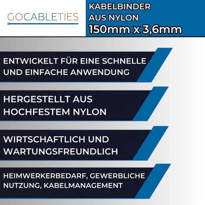 100 Kabelbinder 150mm, Weiß/Transparent, 18,2 kg Zugfestigkeit