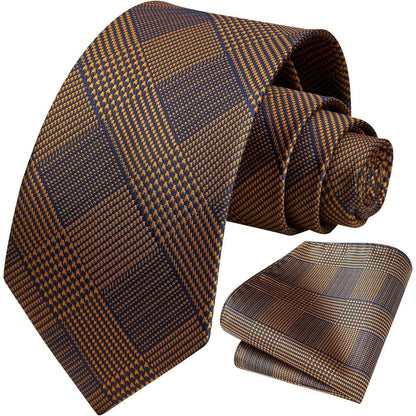Krawatten-Set Herren Braun Hahnentritt mit Einstecktuch