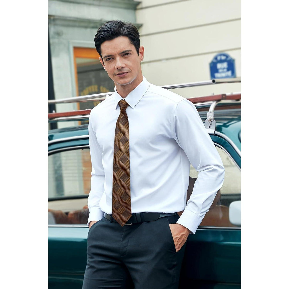 Krawatten-Set Herren Braun Hahnentritt mit Einstecktuch