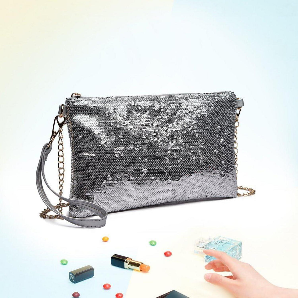 Kleine Pailletten Clutch Damen Umhängetasche Party Schultertasche