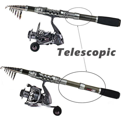 Teleskop Angelset mit Rolle aus Kohlefaser, für Reise & Süß-/Salzwasser