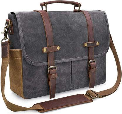 Umhängetasche Herren Laptoptasche vintage Canvas wasserdicht 15.6 Grau
