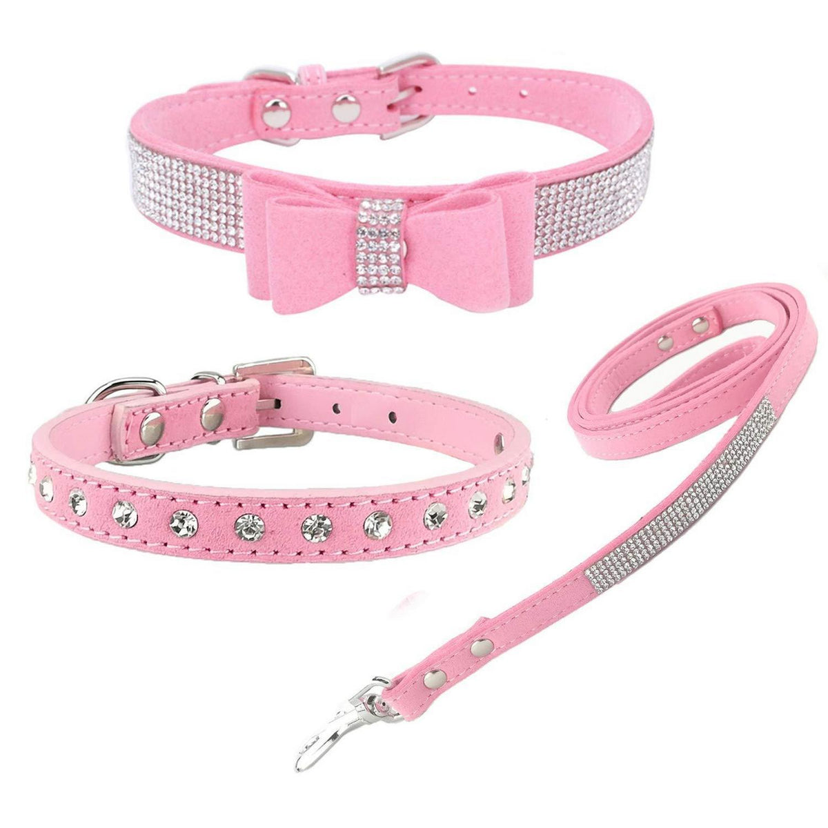 3er-Set Hundehalsband & Leine - Pink M in Lederoptik