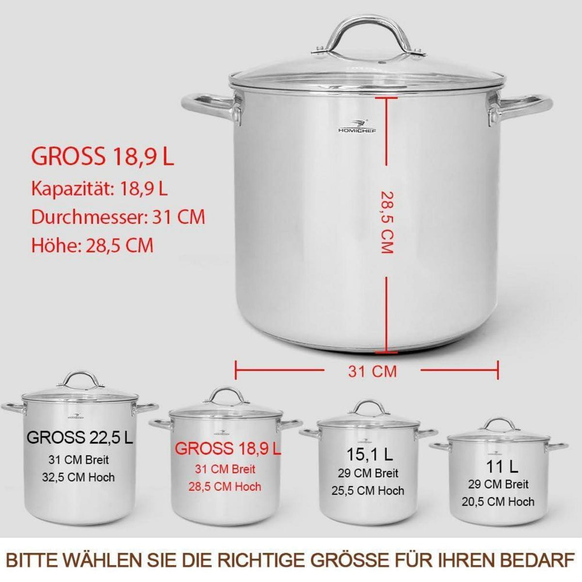 Großer Edelstahl-Suppentopf 18,9L mit Deckel – Induktionsgeeignet
