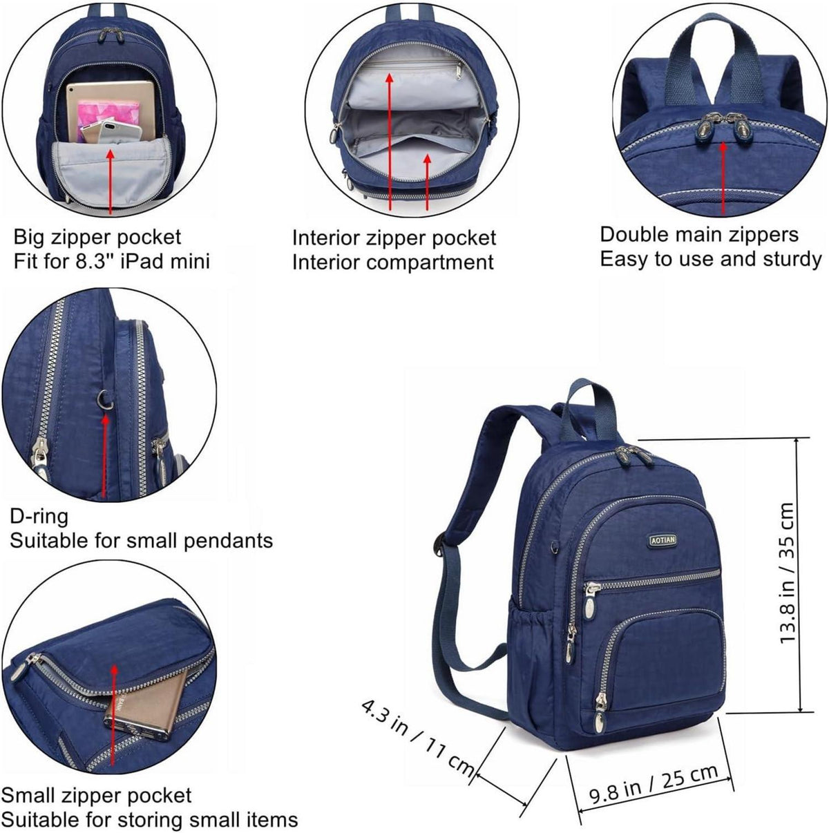 Frauen Rucksack Leichter Nylon Tagesrucksack City Pack Blau 9L