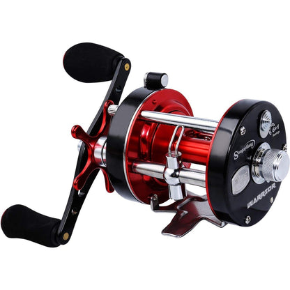 Runde Baitcast Angelrolle mit starkem Carbon-Drag, Rot-Schwarz