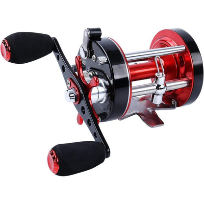 Runde Baitcast Angelrolle mit starkem Carbon-Drag, Rot-Schwarz
