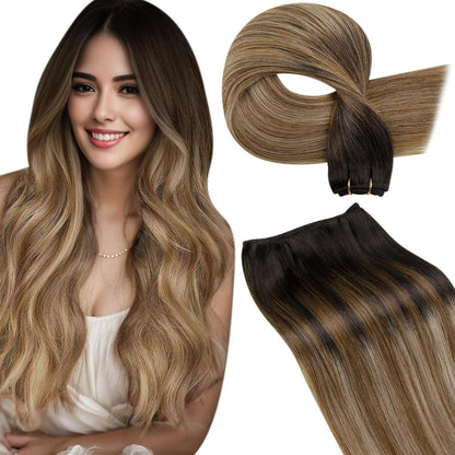 Echthaar Tressen Braun Balayage Ombre zum Einnähen 35cm