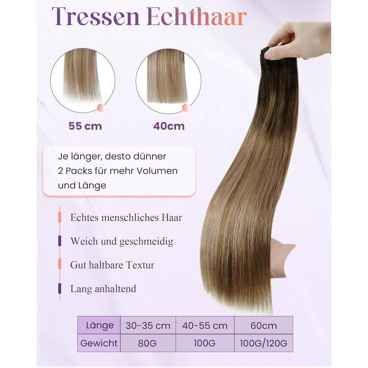 Echthaar Tressen Braun Balayage Ombre zum Einnähen 35cm