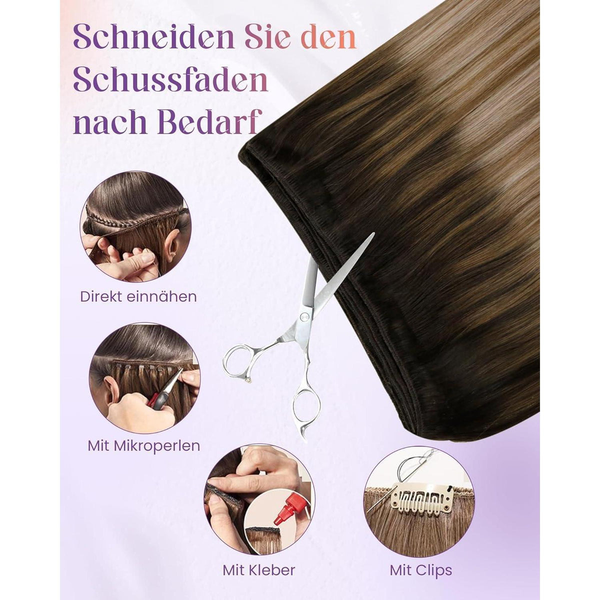 Echthaar Tressen Braun Balayage Ombre zum Einnähen 35cm