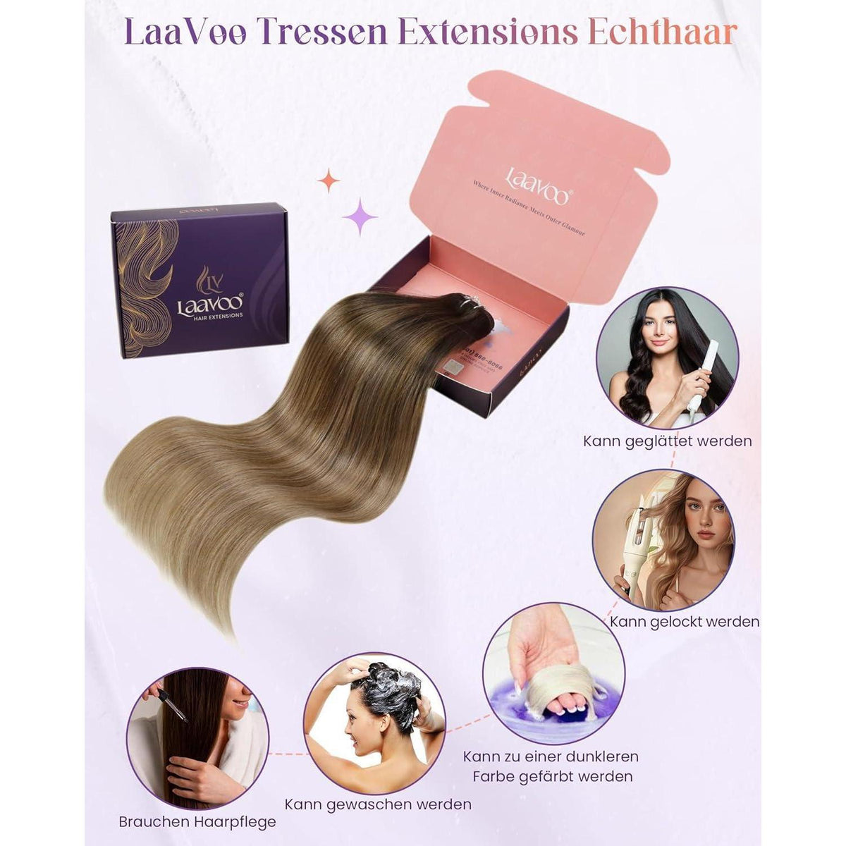 Echthaar Tressen Braun Balayage Ombre zum Einnähen 35cm