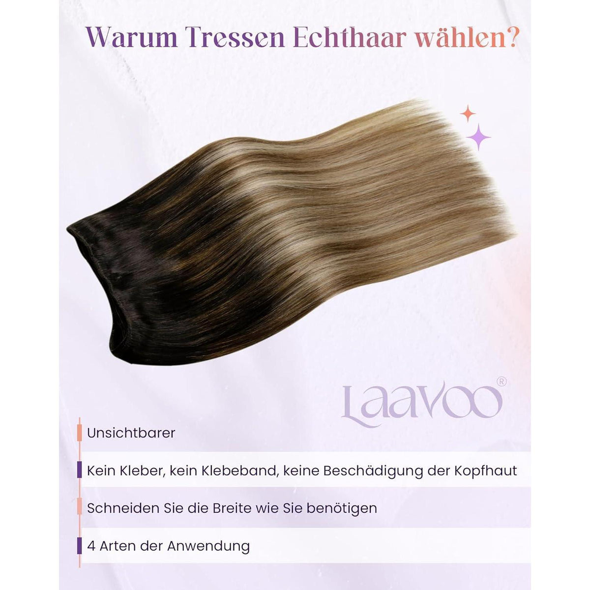 Echthaar Tressen Braun Balayage Ombre zum Einnähen 35cm