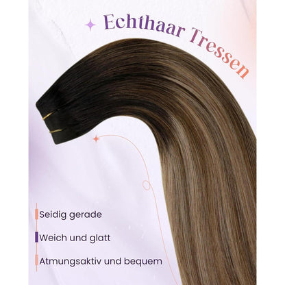 Echthaar Tressen Braun Balayage Ombre zum Einnähen 35cm