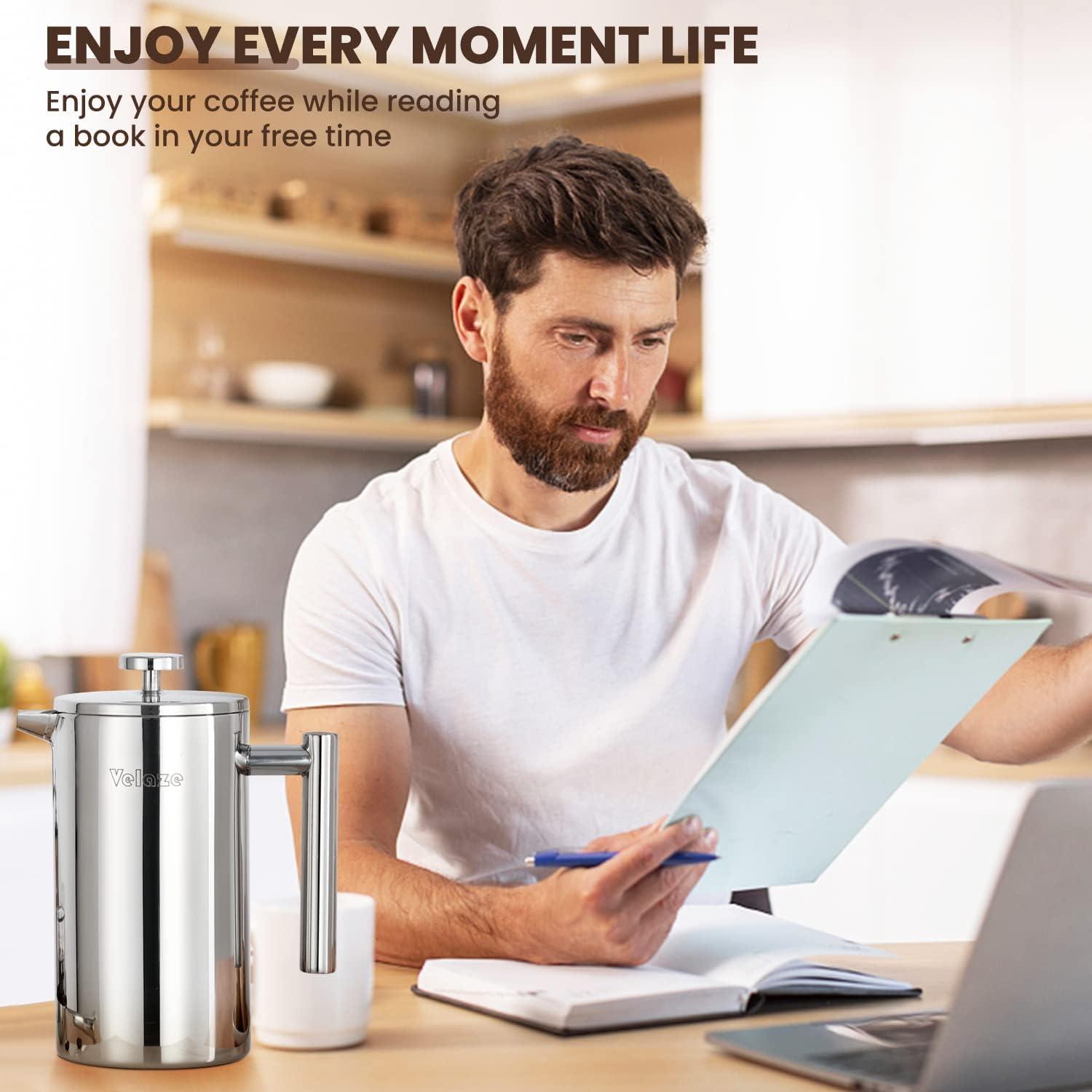 Velaze French Press 1L Kaffeebereiter Edelstahl Doppelwandig Isoliert 5 Edelstahlfilter Silber