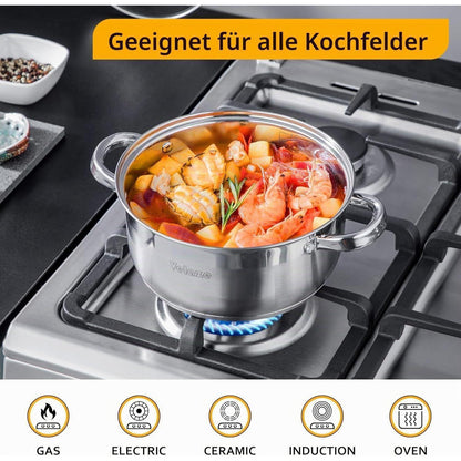 7-teiliges Edelstahl Kochtopf Set mit Glasdeckeln