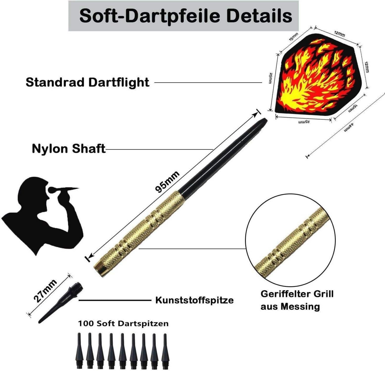 Sinwind 12 Stück Softdart Set Kunststoffspitze mit Flights 100 Dartspitzen