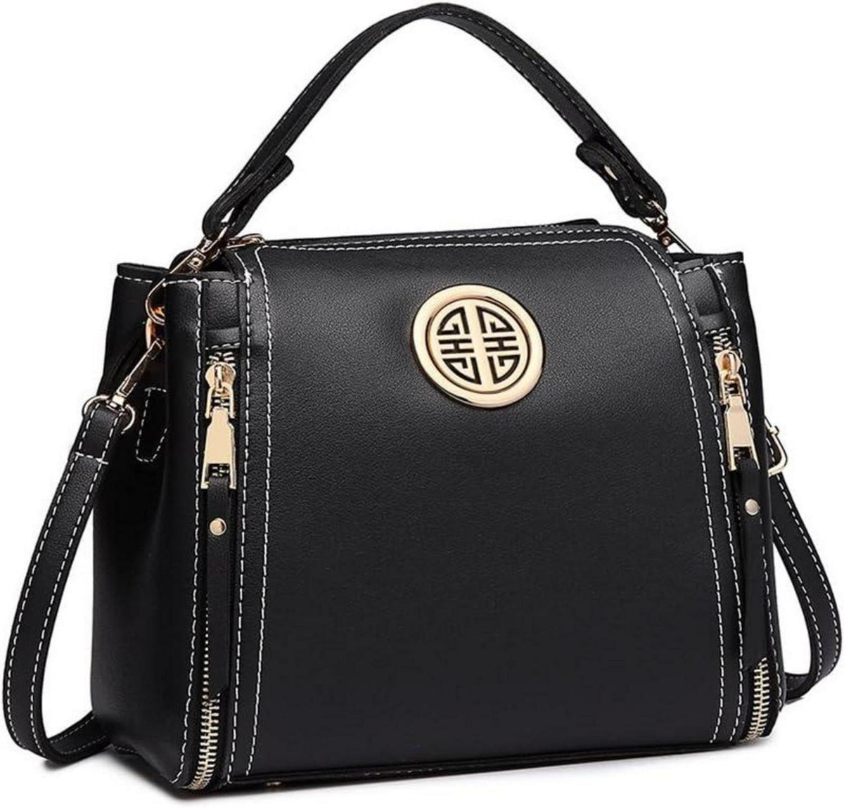 Schwarze PU Leder Damen Handtasche Schultertasche mit Top Griff