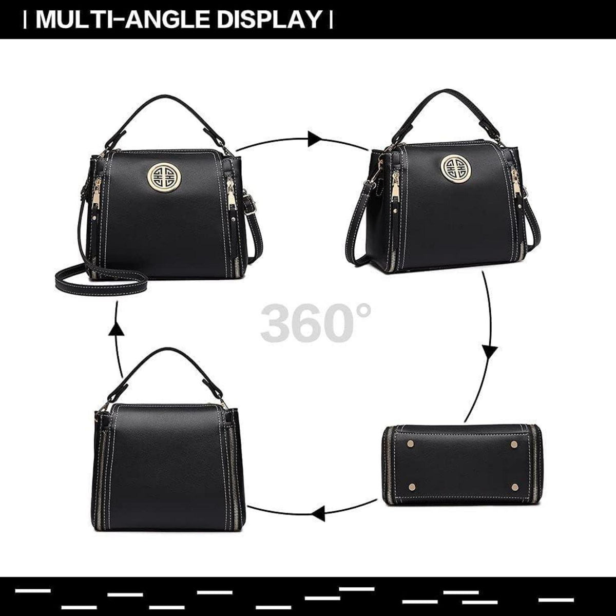 Schwarze PU Leder Damen Handtasche Schultertasche mit Top Griff