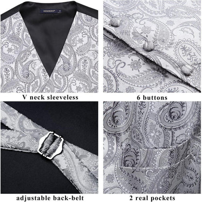 Herren Jacquard Weste Krawatte Einstecktuch Set Grau 6XL
