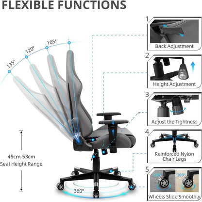 Ergonomischer Gaming-Stuhl Stoff Grau verstellbare Armlehnen