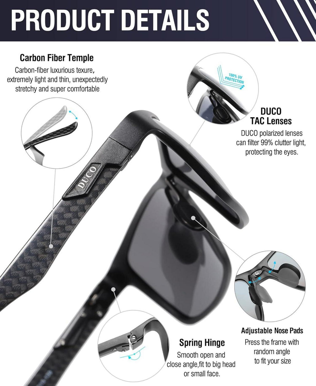 Polarisierte Herren Sonnenbrille Rechteckig Metallrahmen Kohlefaser