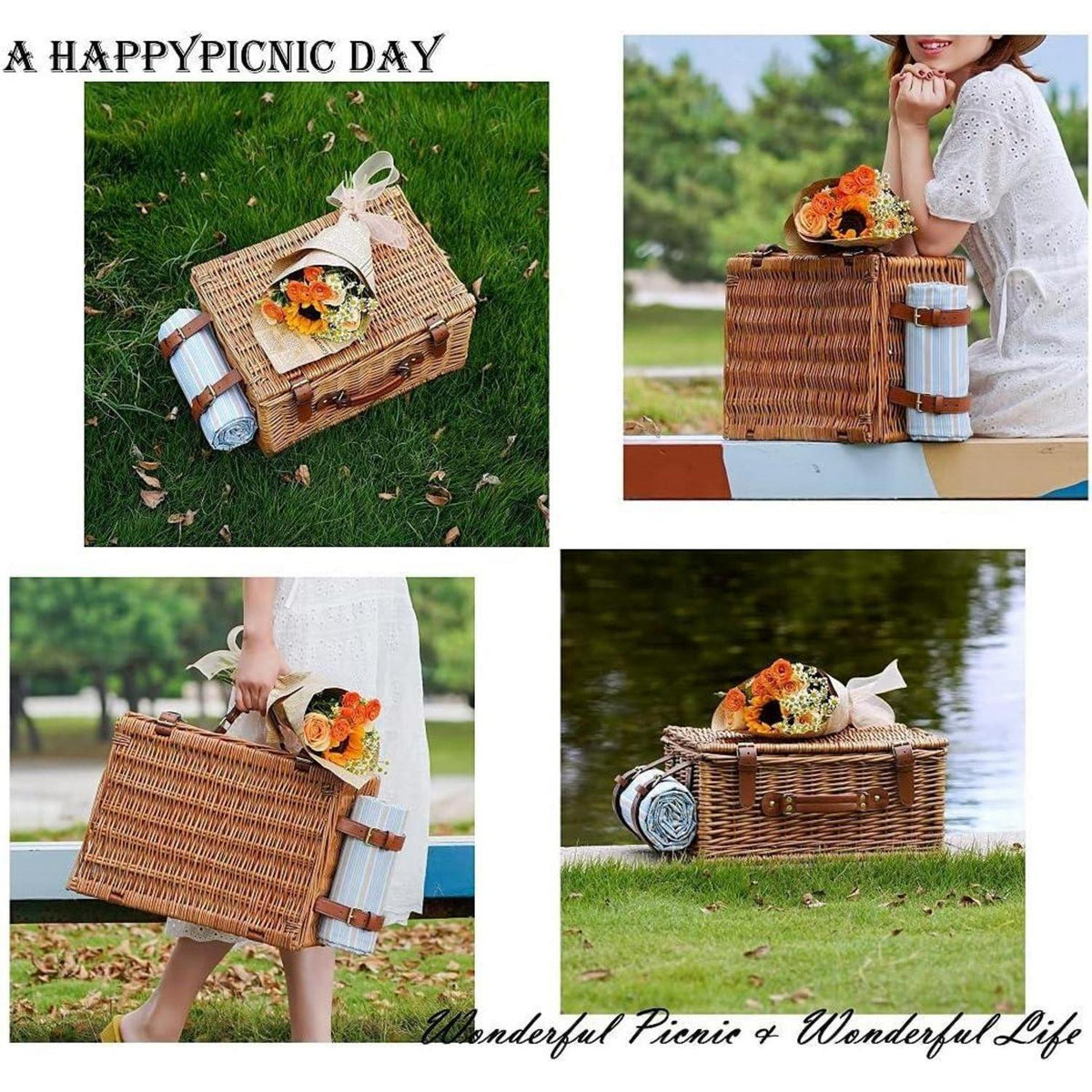 Weiden Picknickkorb Set für 4 Personen mit Besteck & Decke