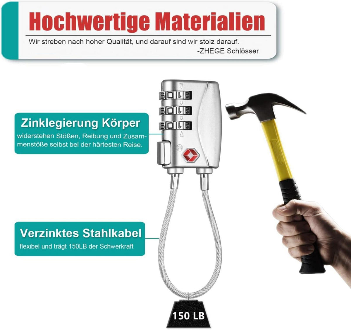 ZHEGE Zahlenschloss Koffer, TSA Genehmigt, 3-Stellig, 2er Pack silber